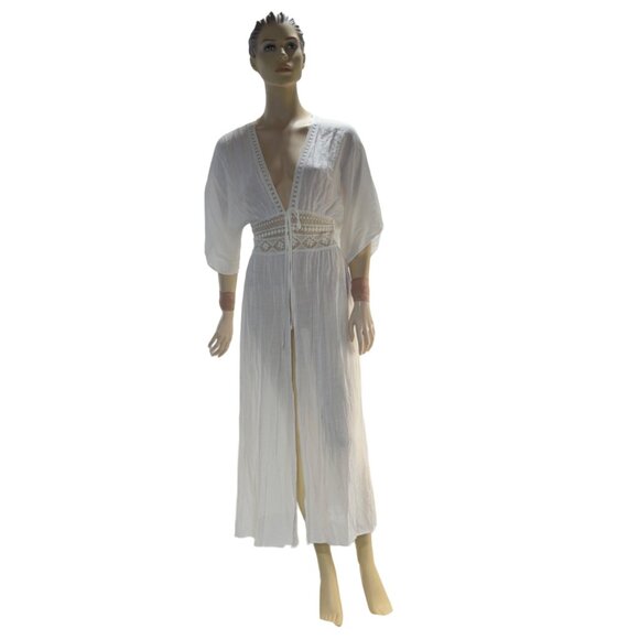 BLUE RAIN Women's Swimsuit Cover Ivory Dolan Sleeve Tie Crochet Waist Size XS - Picture 2 of 11